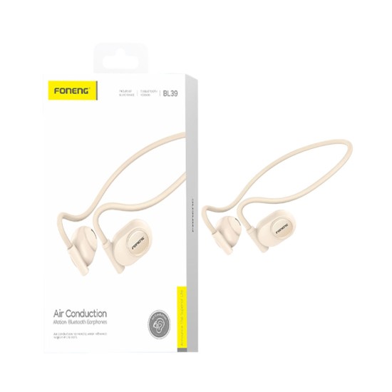 Ausculatadores Neckband Esportivos Sem Fio Foneng BL39 para Condução de Ar Bege Ausculatadores Neckband Esportivos Sem Fio Foneng BL39 para Condução de Ar Bege